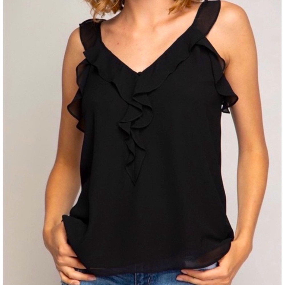 Ruffle Black Tank Blouse